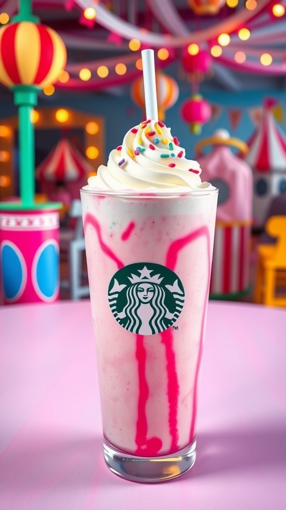 Cotton Candy Frappuccino: A Sweet Treat from the Starbucks Secret Menu A Cotton Candy Frappuccino with whipped cream and raspberry syrup, decorated with candy sprinkles.